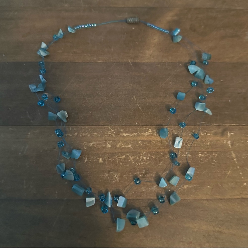Vintage Multi Strand Aqua Blue Shell Chip Necklace - image 2